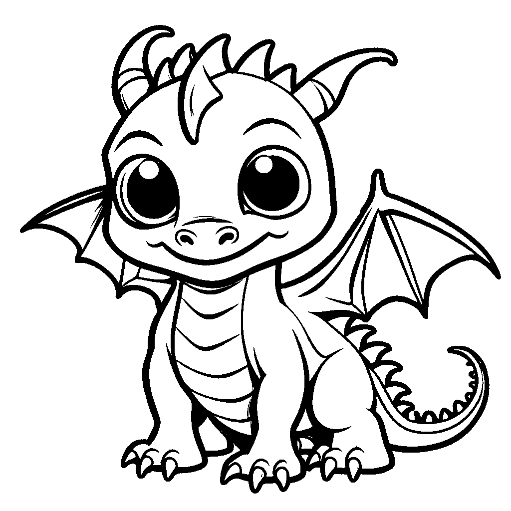 Attractive one-line drawing of a baby dragon with stubby legs and cute face for coloring activity coloring page