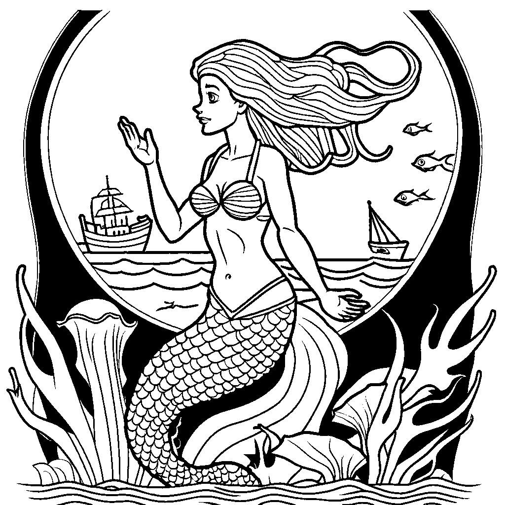Mermaid admiring shipwreck at ocean bottom coloring page