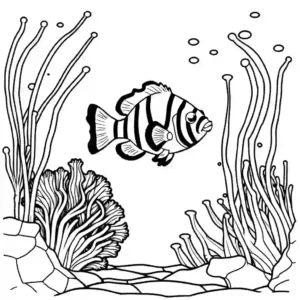 Enchanting underwater scene featuring a Clownfish navigating through vibrant coral reefs coloring page