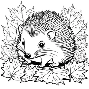 Curious hedgehog coloring page surrounded by autumn leaves coloring page