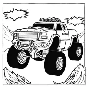Powerful monster truck with fiery design coloring page