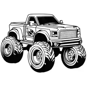 Monster truck with flames and big tires coloring page