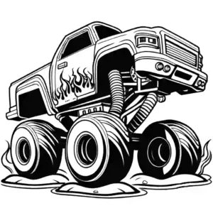 Monster Truck coloring page with big tires and flames coloring page