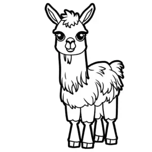 Llama line art drawing with fluffy coat and long neck coloring page