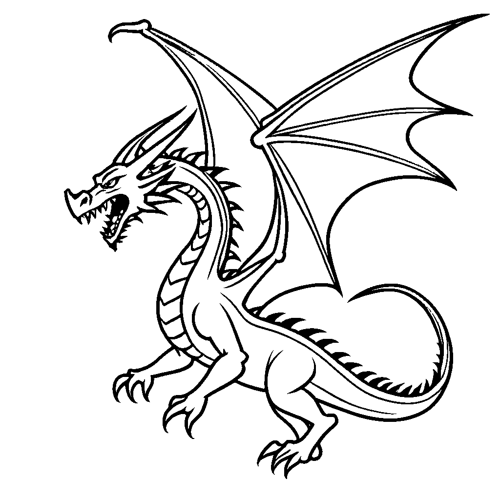 Outline of dragon flying in the sky with pointed tail coloring page