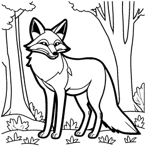 Fox standing in a forest coloring page