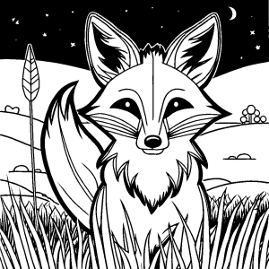 Friendly fox with long snout and pointy ears standing in a field coloring page