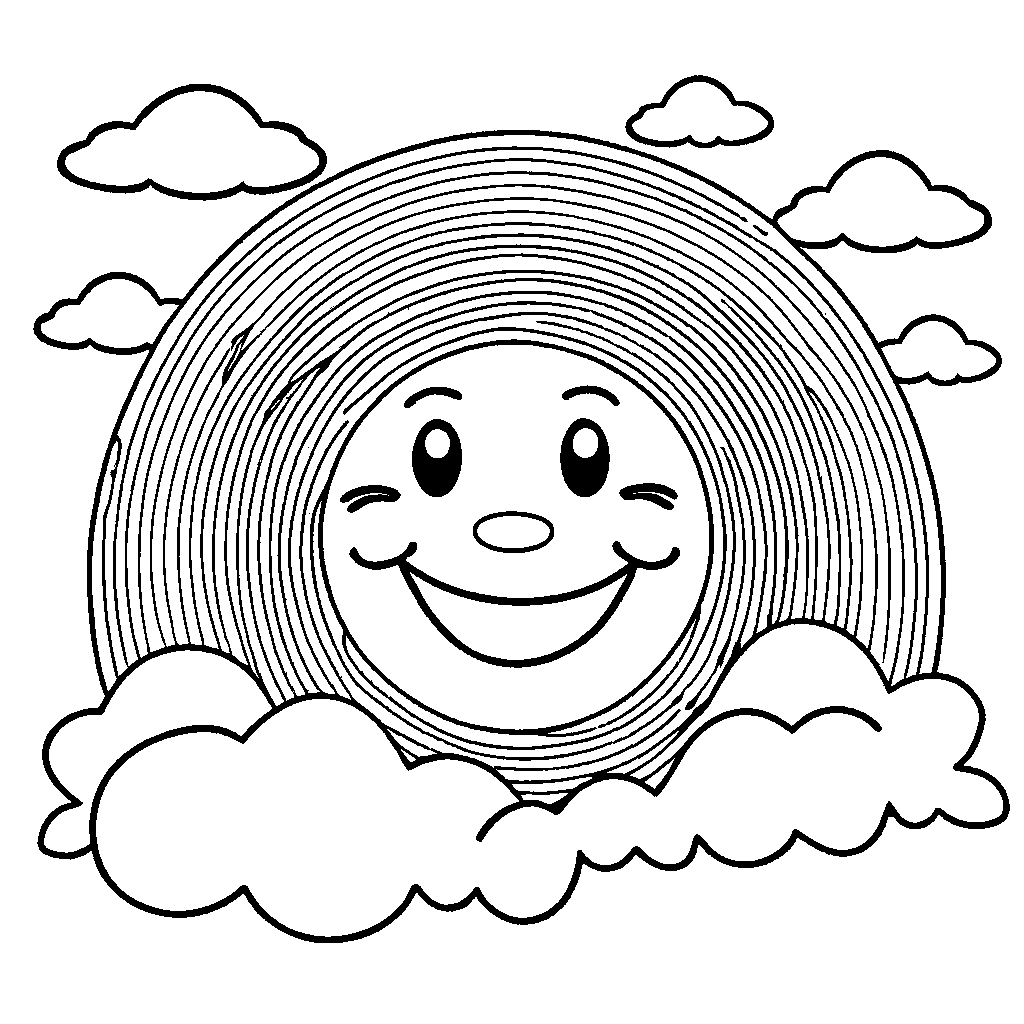 Rainbow coloring sheet with smiling sun coloring page