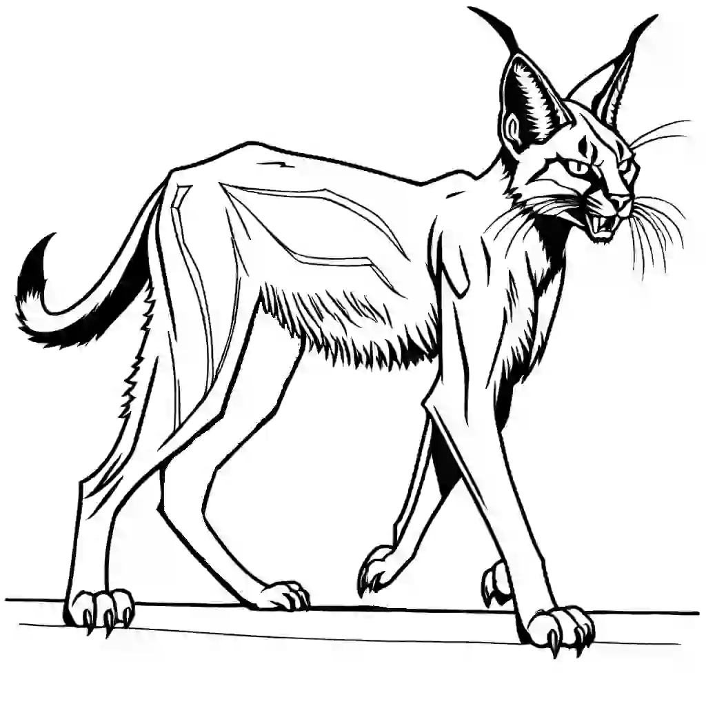 Frightening Caracal with bared teeth and a menacing gaze coloring page