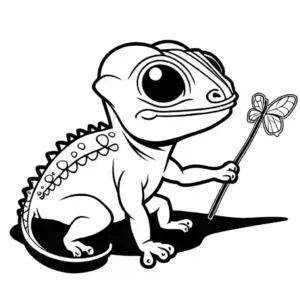 Smiling chameleon catching insect coloring page