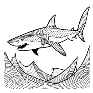 Megalodon shark with geometric patterns gliding through the deep sea