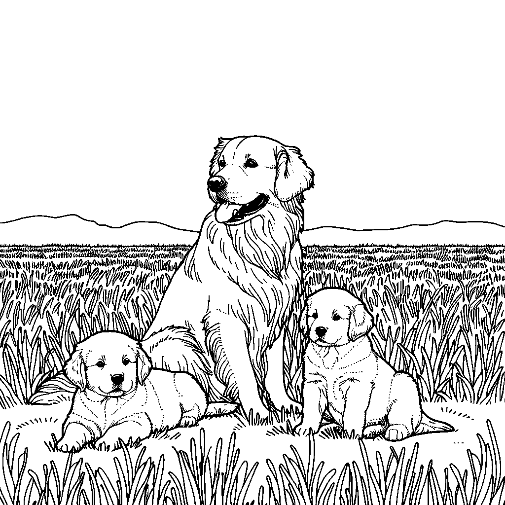 Golden Retriever mother and two puppies sitting in grass coloring page