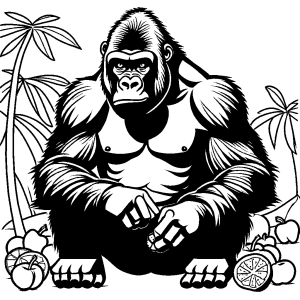 Gorilla sitting and eating fruits coloring page