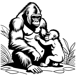 Baby gorilla playing with mother coloring page