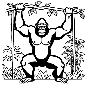 Gorilla on vine in jungle coloring page