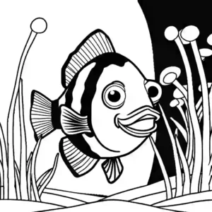 Clownfish gracefully swimming amidst swaying sea plants and marine life coloring page