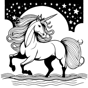Graceful unicorn with a flowing rainbow mane and tail galloping across a sparkling river with stars overhead. coloring page