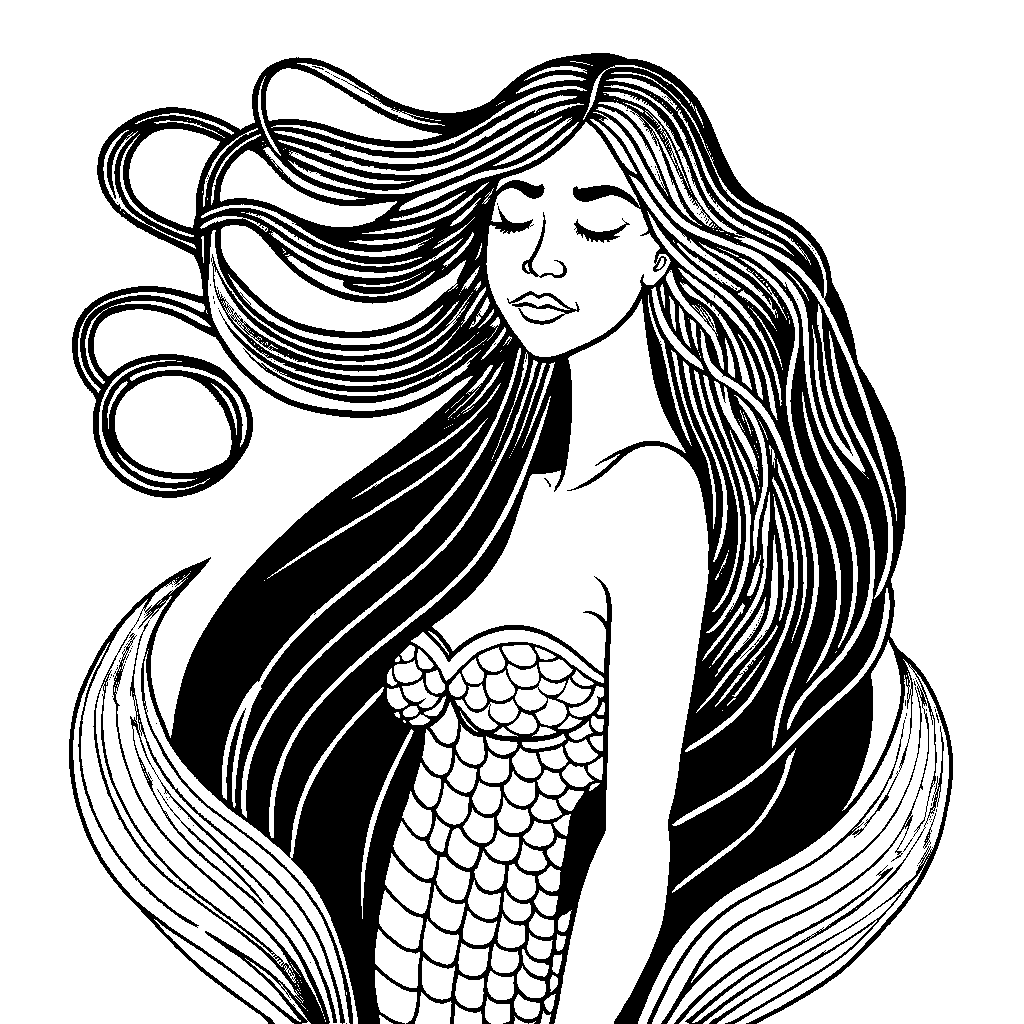 Elegant mermaid coloring page combing her long hair with golden comb coloring page