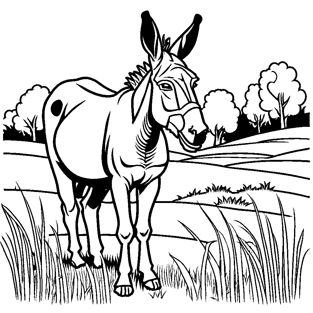 Donkey Coloring Page - Grazing in a Meadow