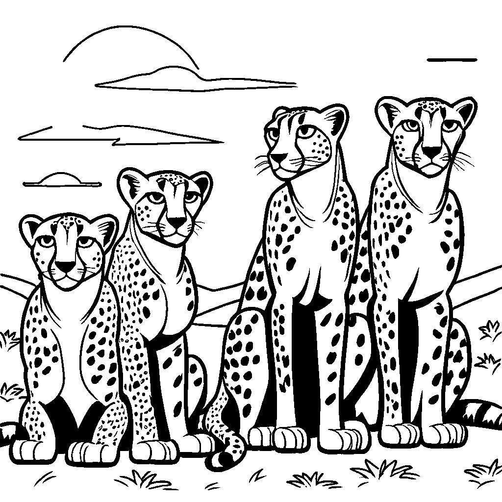 Group of cheetahs basking in the sun coloring page Lulu Pages