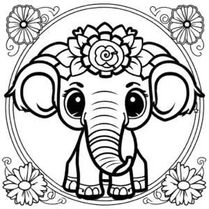 Happy Mammoth wearing a flower crown ready to be colored coloring page