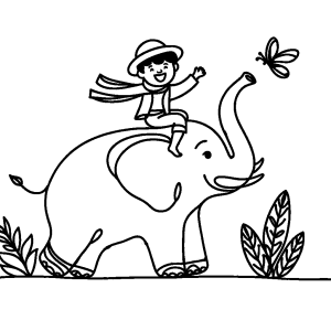 Happy kid riding a big elephant coloring page