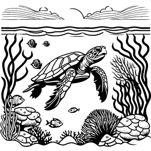 Happy turtle under the ocean surrounded by colorful coral and sea creatures coloring page