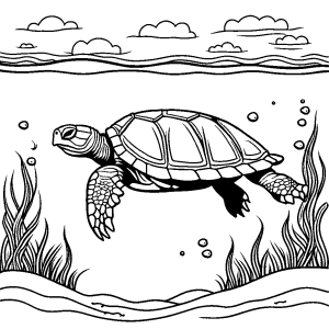 Happy turtle swimming in clear water with small fish coloring page