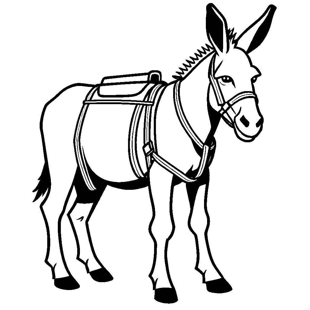 Donkey Coloring Page - Simple Drawing with Harness