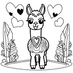 Simple outline of llama with heart-shaped fur pattern coloring page