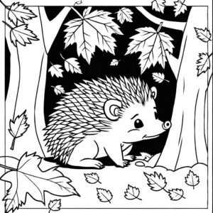Hedgehog sleeping under tree with falling leaves coloring page