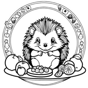 Hedgehog enjoying picnic with fruits and snacks coloring page