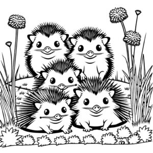 Group of hedgehogs playing in meadow coloring page