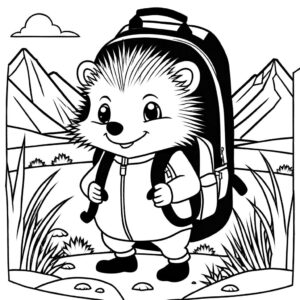 Hedgehog with backpack exploring coloring page
