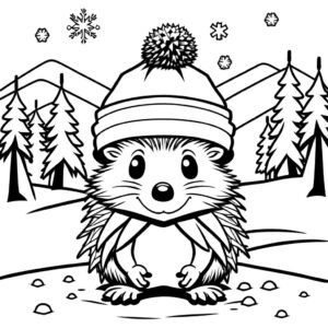 Hedgehog with scarf and hat in snowy scene coloring page