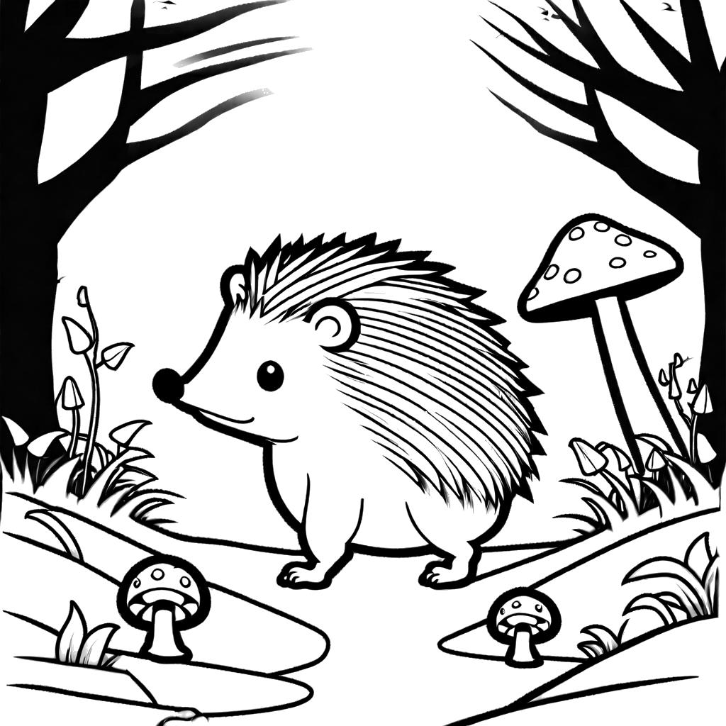 Hedgehog walking on path with mushrooms coloring page