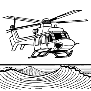 Helicopter flying over ocean with waves and distant seagulls coloring page