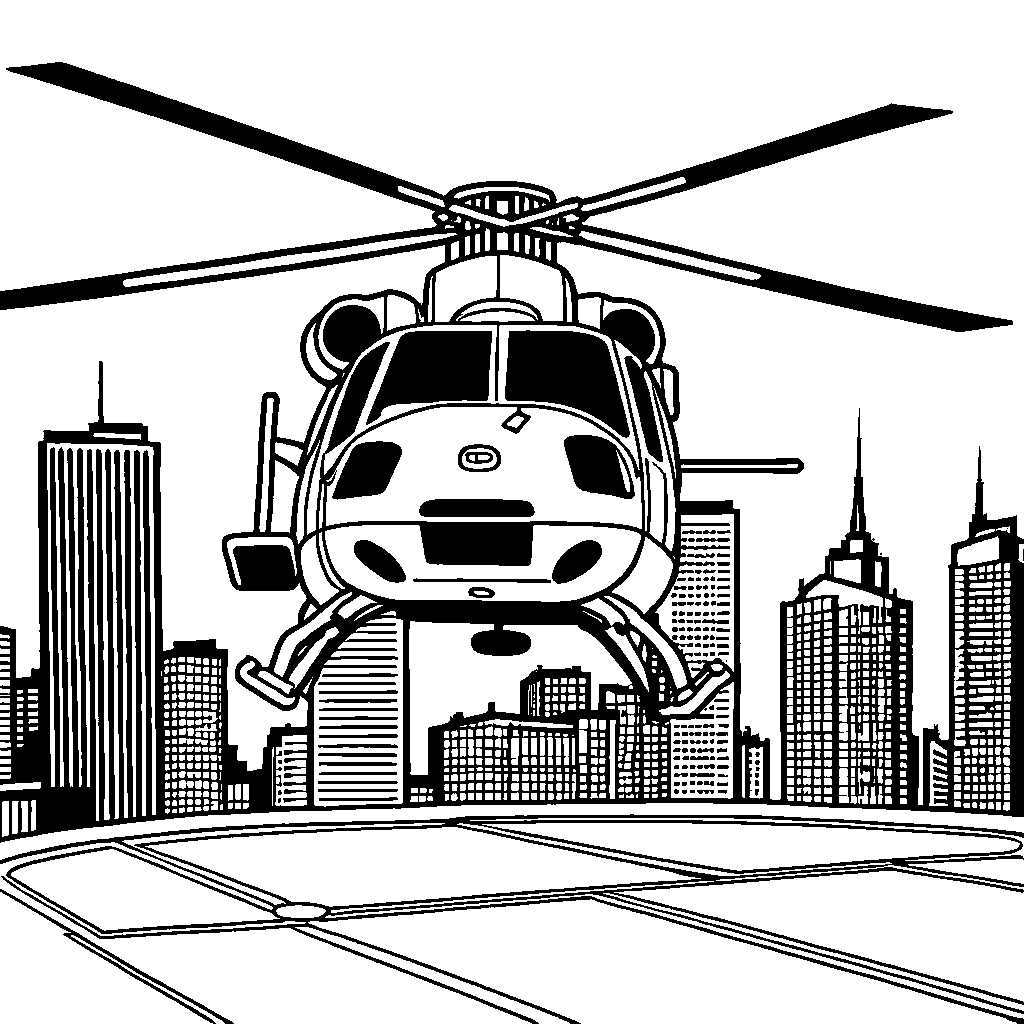 Line drawing of helicopter landing on helipad with city skyline coloring page
