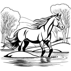 Realistic horse coloring page with flowing mane and tail standing by a flowing stream coloring page