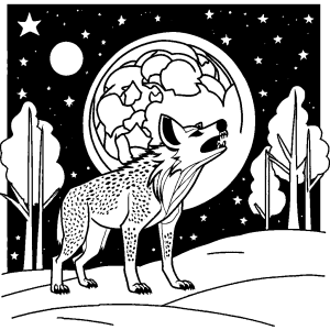 Hyena howling at the moon in the night sky coloring page