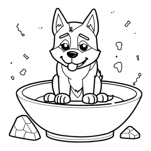 Husky dog sitting with dog bowl waiting to be colored coloring page
