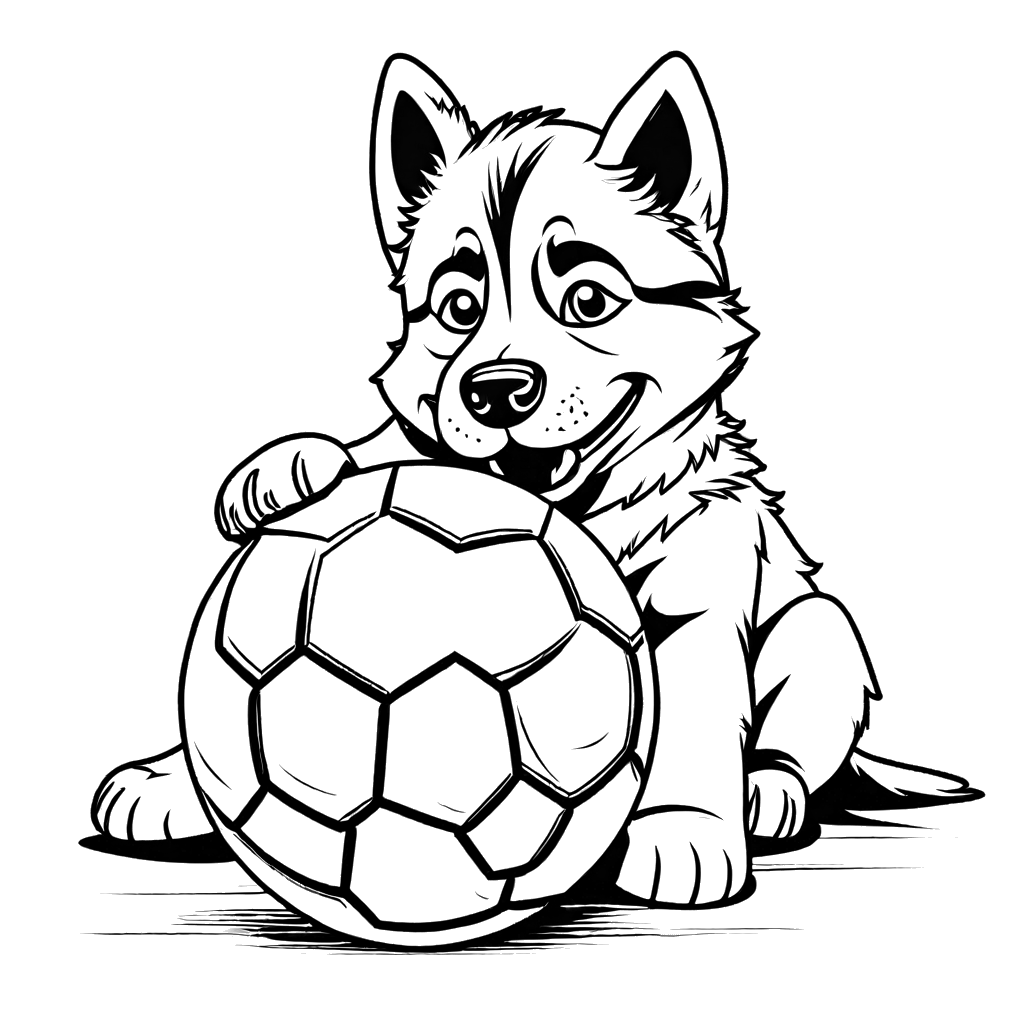 Husky puppy playing with ball waiting to be colored coloring page