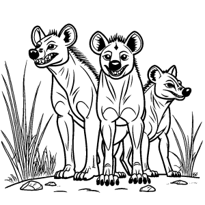 Hyena family playing together in the African grassland coloring page