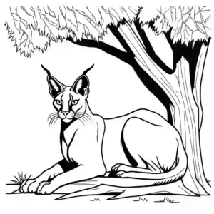 Caracal resting under tree with closed eyes inked art coloring page
