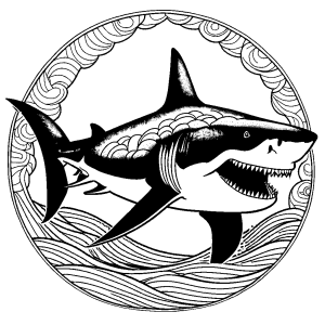 Megalodon shark with intricate patterns swimming in serene waters