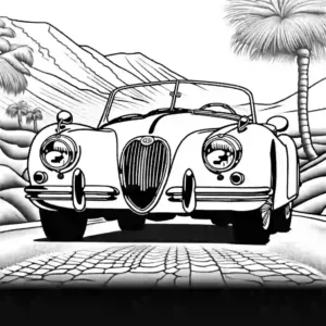 Detailed outline of 1957 Jaguar XK 150 - DHC car against timeless vintage backdrop coloring page