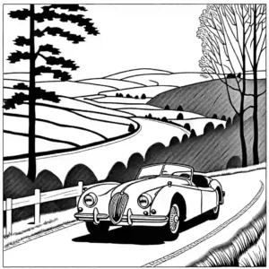 1957 Jaguar XK 150 - DHC car in scenic countryside with trees and winding road coloring page