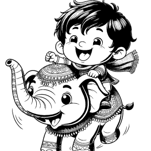 Joyful kid riding an elephant in a playful manner on a coloring page