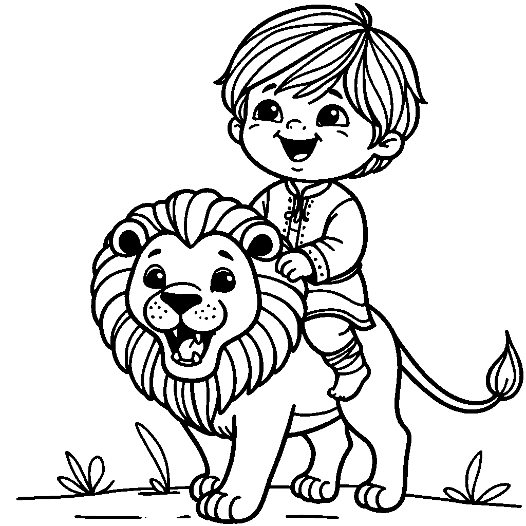 Joyful kid riding a lion coloring page for kids coloring page