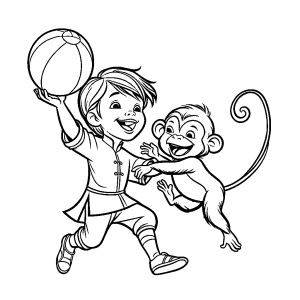 Kid and Monkey Playing with Ball Coloring Page